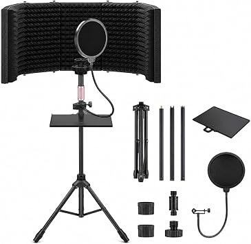 6-Panel Wraparound Microphone Isolation Shield with Adjustable Stand, Foldable Reflection Filter for Recording, Podcasting, Vocals & Streaming
