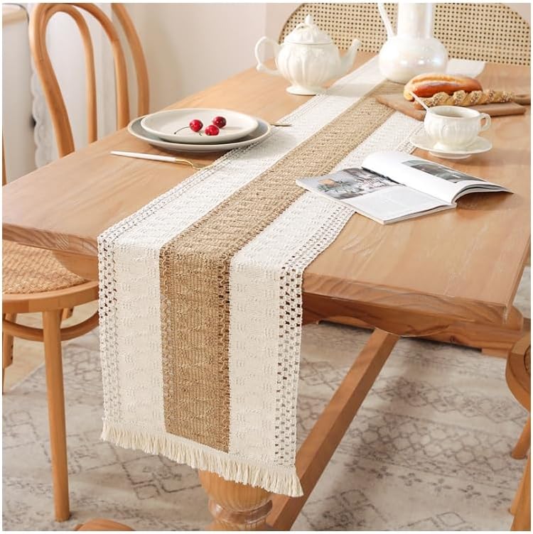 Boho Table Runner for Mothers Day Spring Home Decor with Tassels 72"x 12" Long Farmhouse Rustic Table Runners Macrame Burlap Decoration for Living Room Bridal Shower Wedding -7