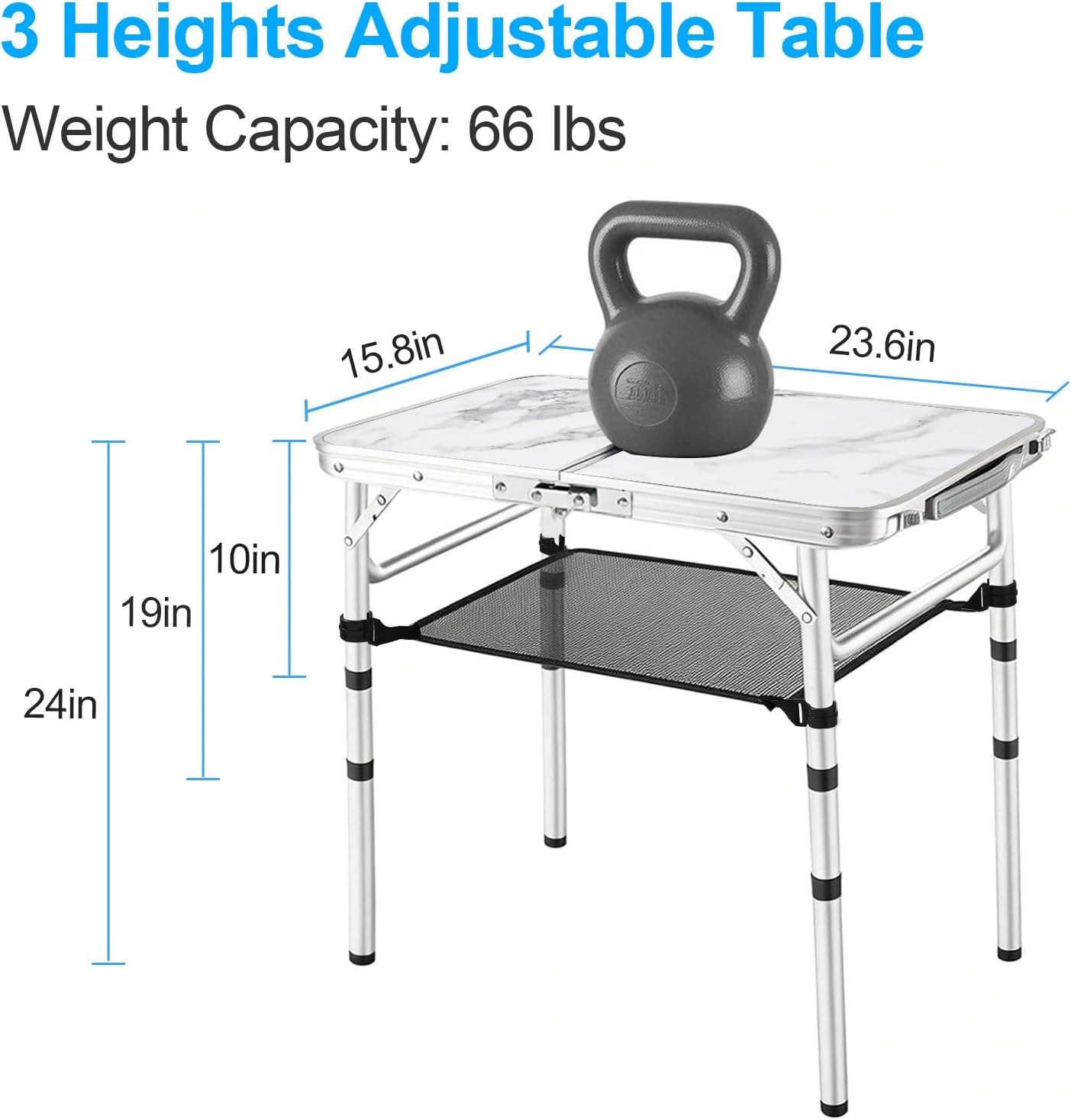 Small Folding Camping Table, 2ft Portable Table with 3 Adjustable Heights, Aluminum Lightweight Foldable Picnic Table with Mesh Layer and Extension Legs for RV, BBQ and Indoor