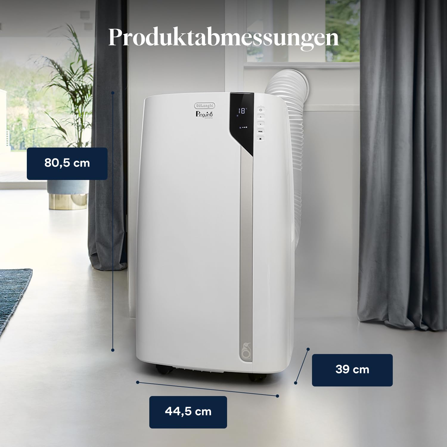 De'Longhi Pinguino Extreme - Mobiles Klimagerät, für Räume bis 33,5 m², mit Luftentfeuchter & Ventilator, 8900 BTU, Leiser Betrieb, Eco-Real-Feel, 24h-Timer, Energieeffizienzklasse A+ (PACEX93)