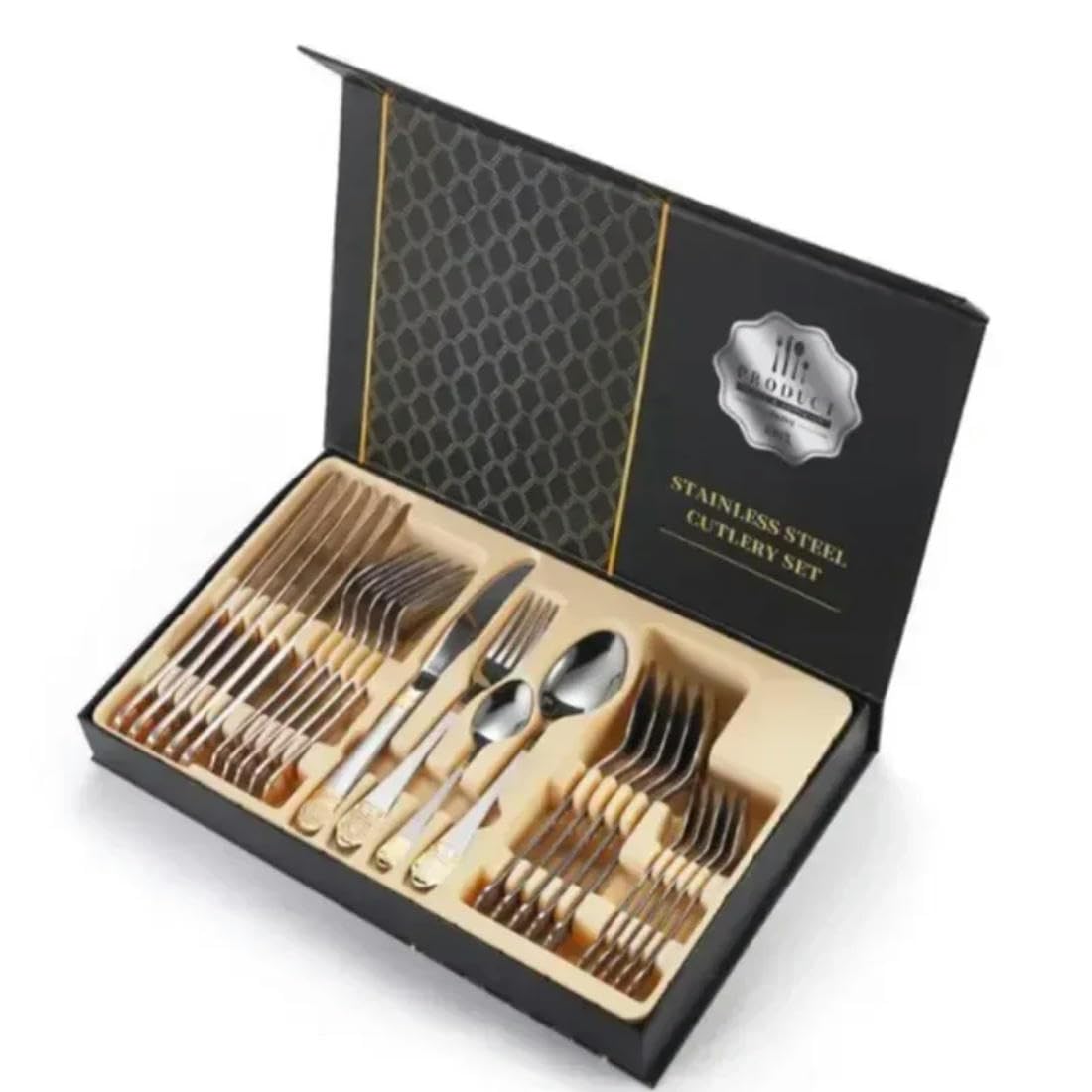Ensemble de Couverts de Restaurant en Acier Inoxydable, 24 pièces, Couverts dorés, légers et spéculaires, Couteau à Steak, Fourchette, cuillère à café, avec boîte Cadeau