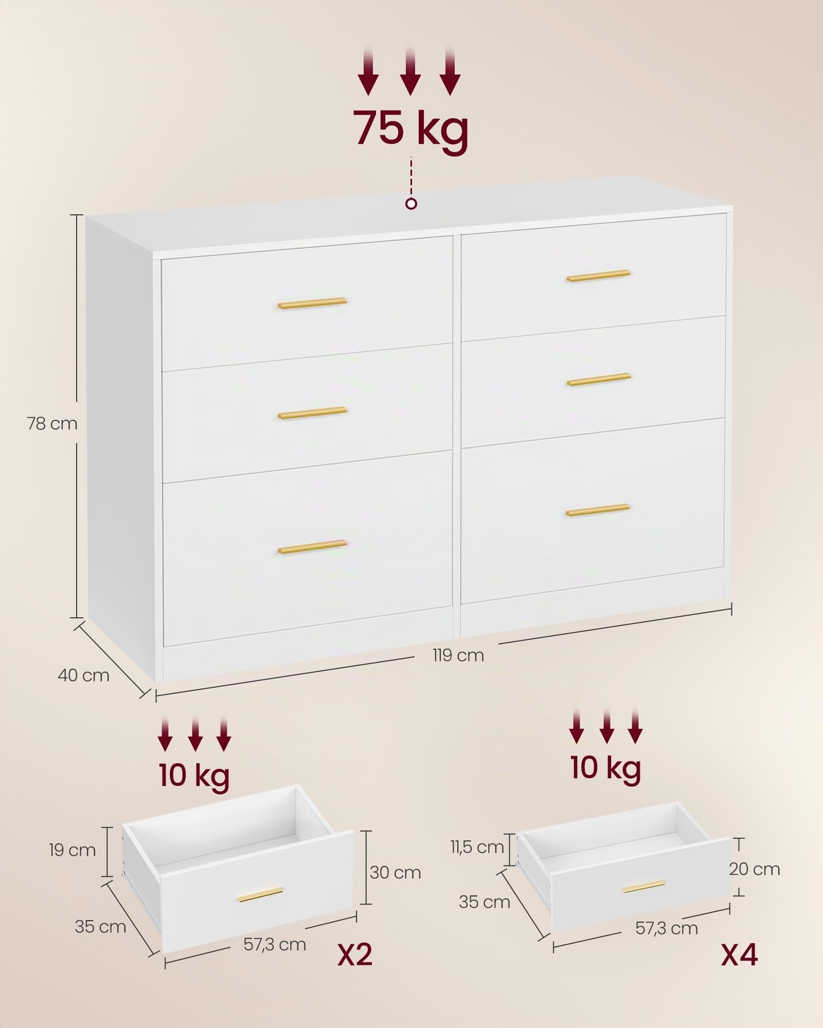 VASAGLE Custos Colección - Cómoda para Dormitorio, Mueble Almacenaje con Cajones, Soporte Moderno para TV de Salón, 6 Cajones, 40 x 119 x 78 cm, Blanco Nube LTS416WB01
