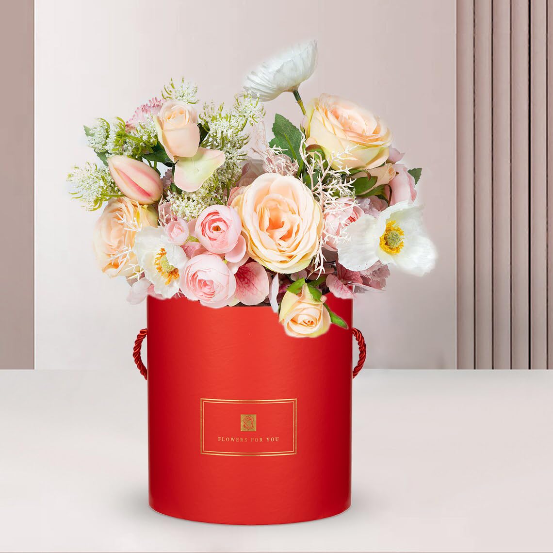 Oairse Set of 3 Round Gift Boxes with Lids and Handles Red Flower Boxes for Arrangements Decorative Hat Boxes for Gifts Weddings - Image 3