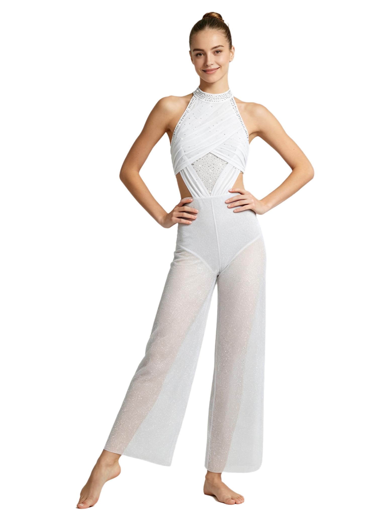 inlzdz Donna Tuta Intera Ginnastica Artistica Jumpsuit Pattinaggio Latino Bianco 3XL