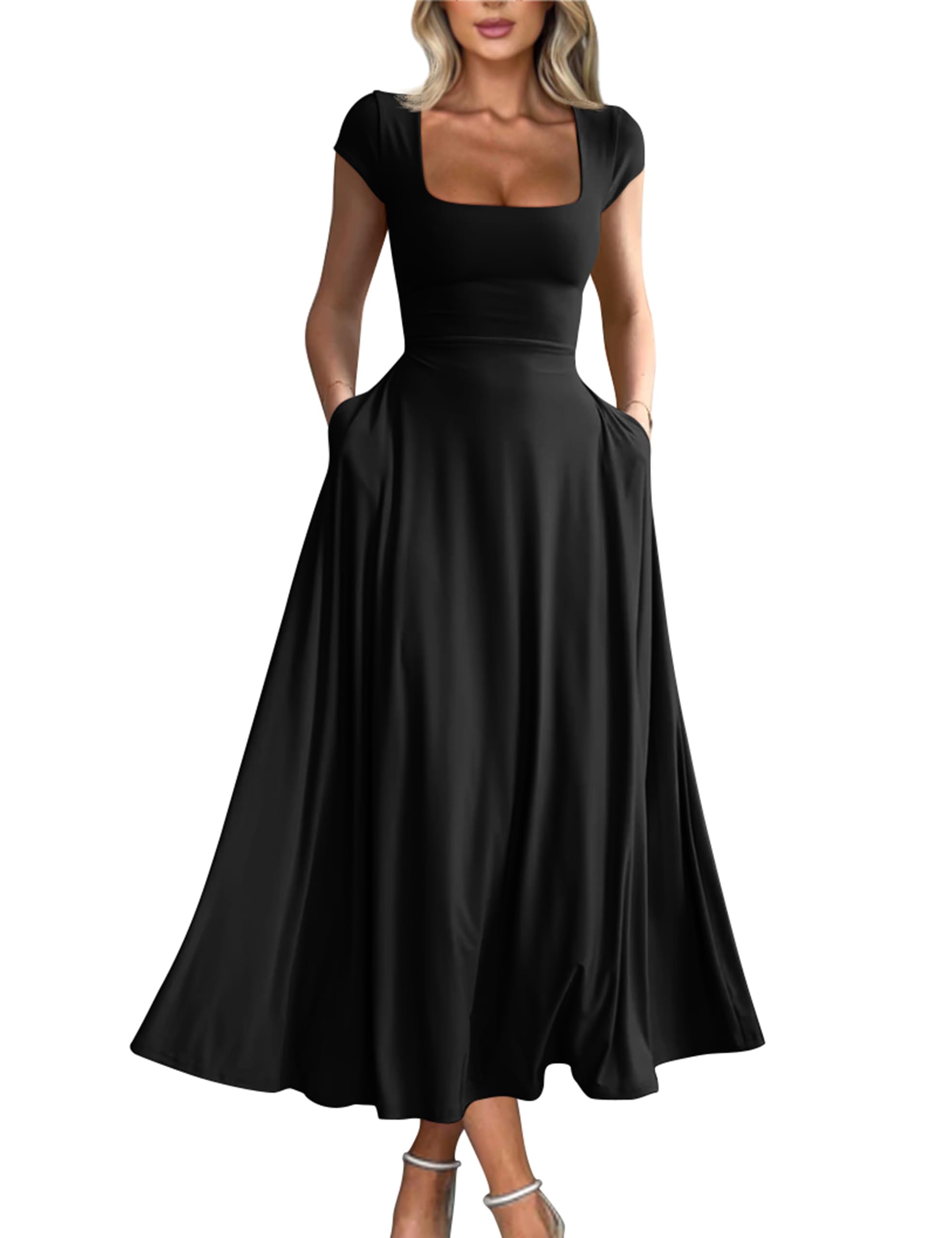 YMDUCH Womens Casual Short Sleeve Square Neck Solid Slim Flowy Maxi Dress with Pockets
