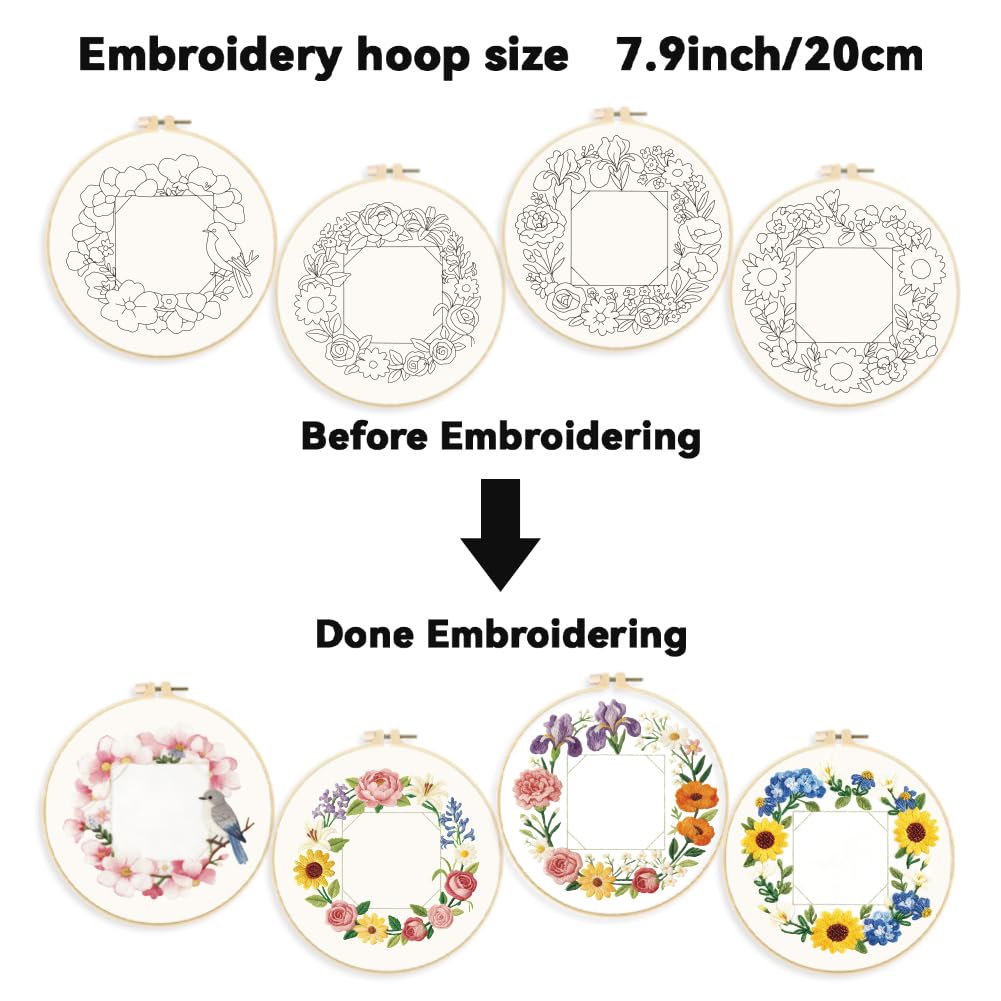 ORIGACH Paquete de 4 kits de bordado de marco floral para principiantes, kit de bordado a mano con patrones de corona floral e instrucciones para adultos y mujeres