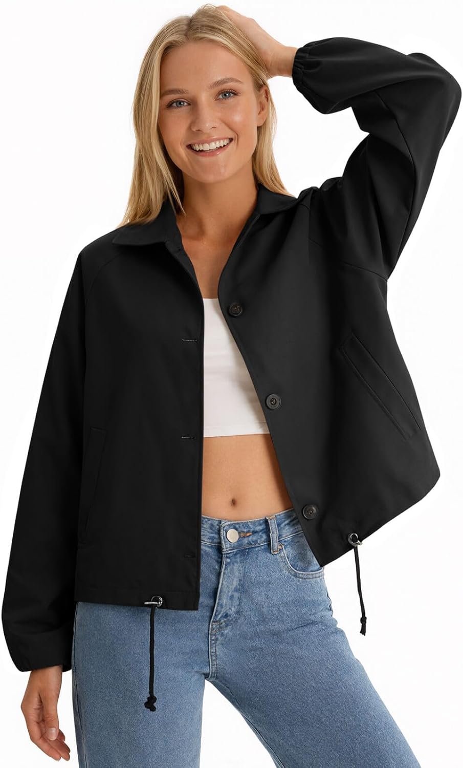 Yousify Womens Cropped Bomber Jackets Button Down Lapel Collar Coats Adjustable Waist Trench Coat Outerwear with Pockets - Image 5