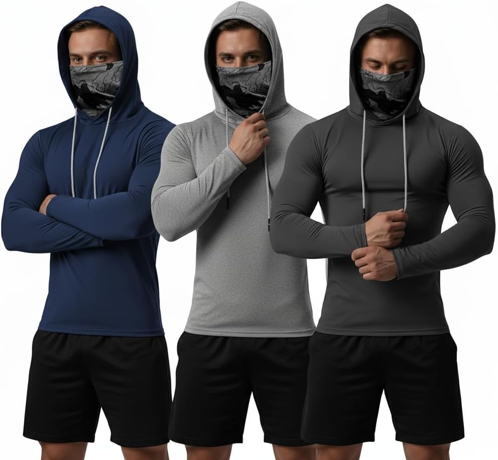 3 Pack Men's UPF 50+ Sun Protection Hoodies, Long Sleeve Moisture Wicking Shirts with Face Mask for Fishing