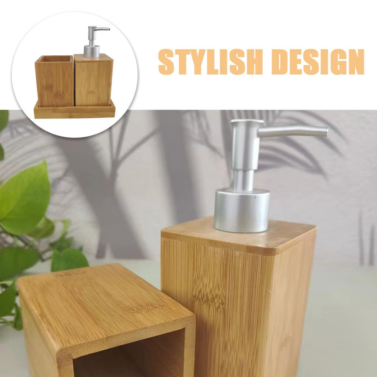 Artibetter 1set Accessori Bagno in Bamboo con Dispenser Sapone e Porta Spazzolini Multifunzionale Materiale Robusto e Design Elegante per Uso Quotidiano Completo di Bicchiere per Sciacquo