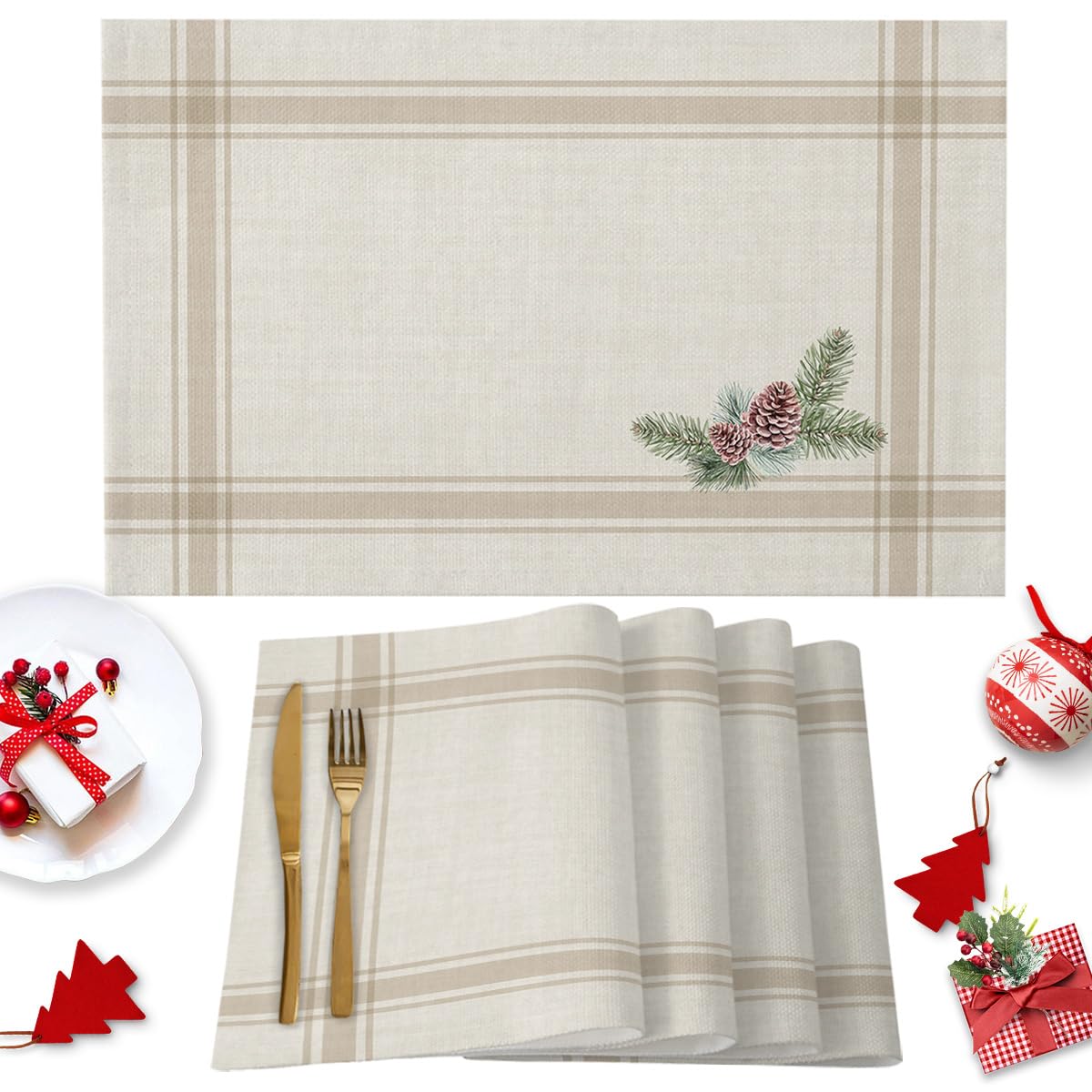 Christmas Winter Pine Tree Placemats Set of 6, Grey Striped Non-Skid Place mats, Merry Xmas Holiday Table Mats, Washable Stain-Resistant Tablemats for