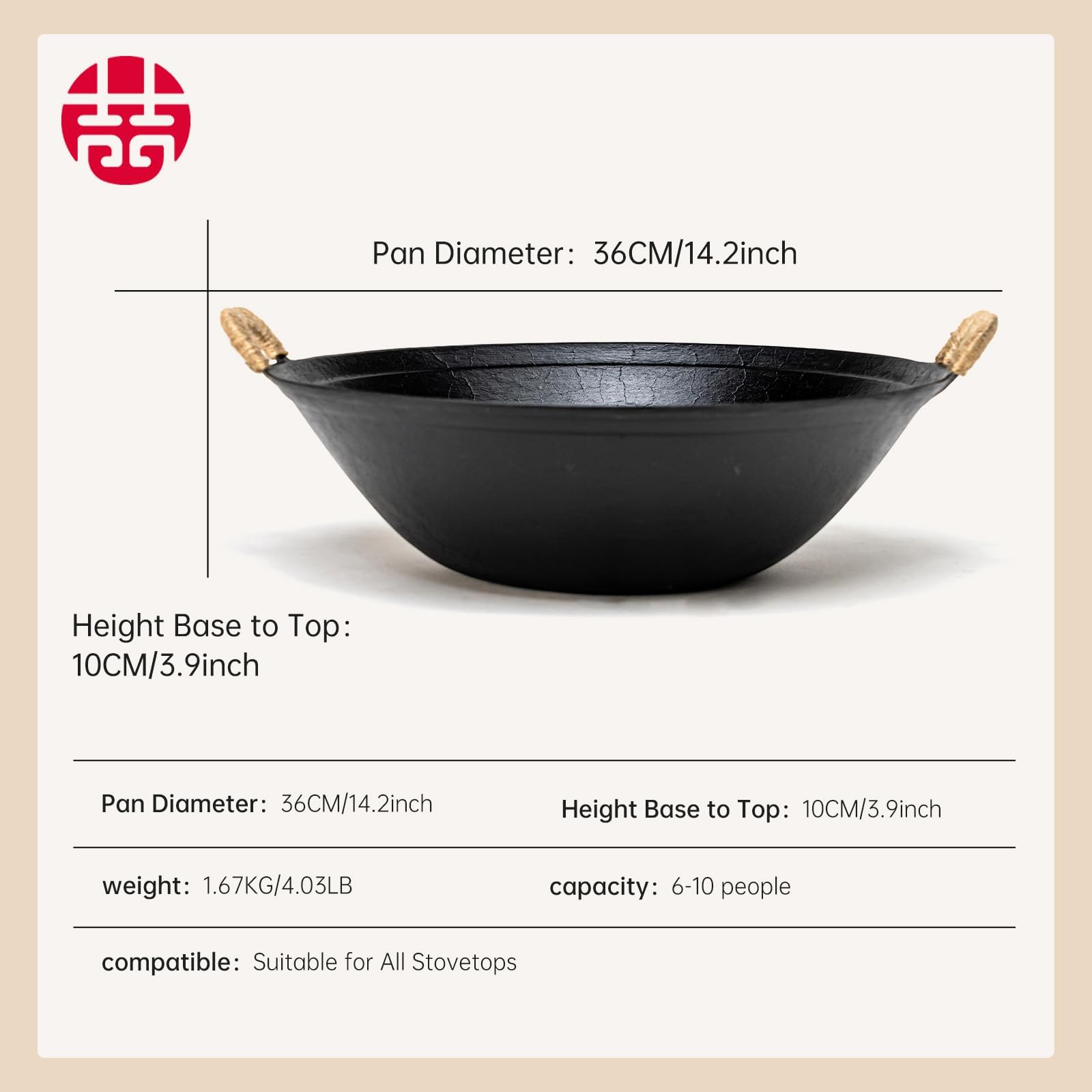 WANGYUANJI wok de hierro fundido con tapa de madera, wok de fondo plano de 36cm, sartén grande para saltear para