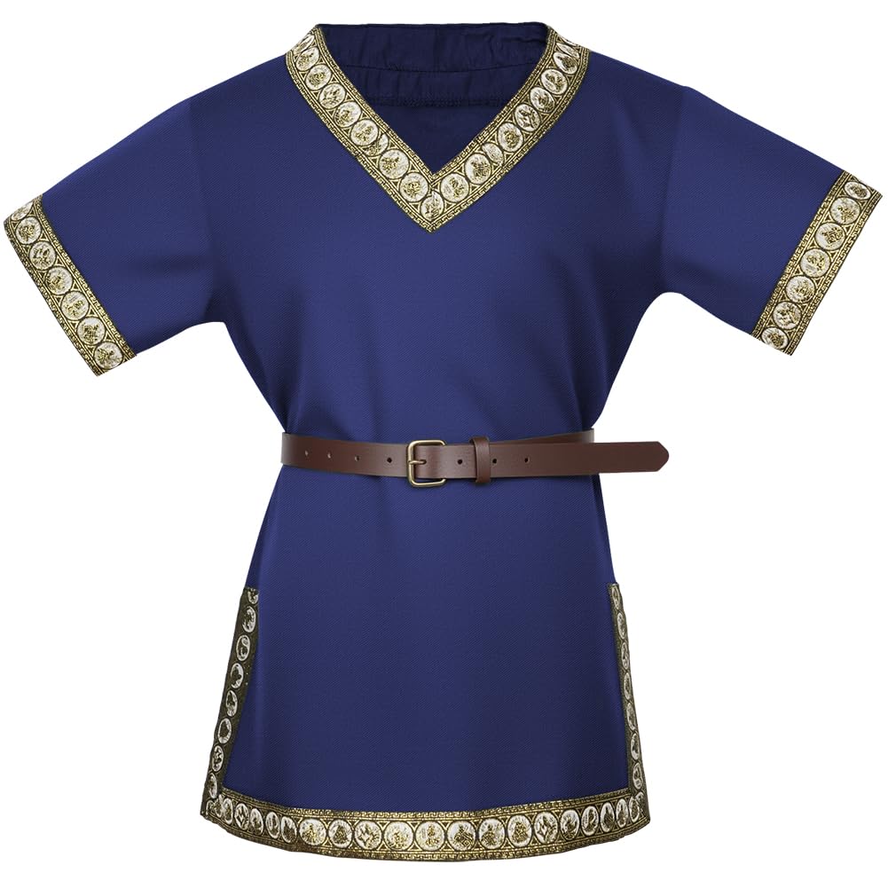 AYBUY Boys' Medieval Tunic, Boys Renaissance Pirate Sleeveless T Shirts with Belt Knight Tops for Carnival, Halloween, School History Days, Renaissance, Fancy Dress(Navy Blue, 140)