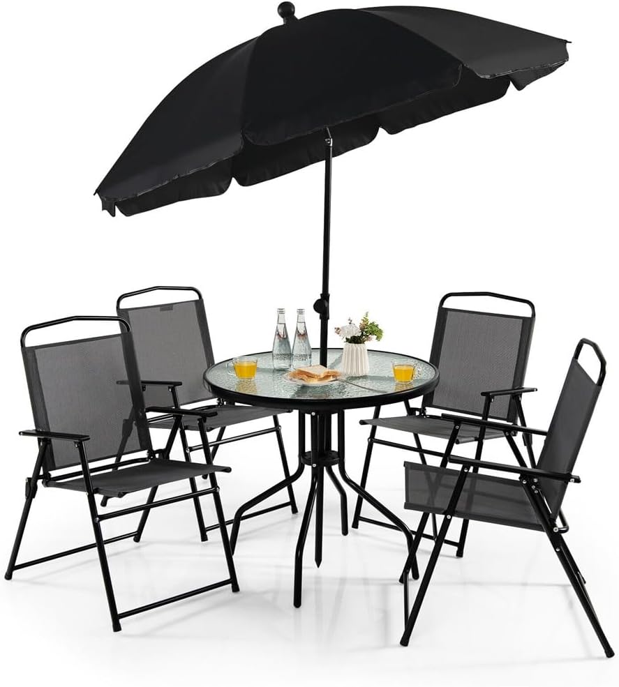 6 PCS Patio Dining Set Folding Chairs Glass Table Tilt Umbrella Garden (D As Shown)