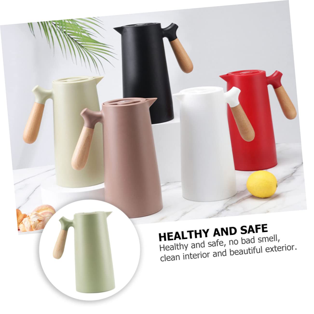 Mikinona 1l Isolierflasche mit Holzgriff im Nordischen Stil Thermoskanne für Kaffee und Wasser Doppelwandig Gesund und Sicher für Zuhause und Unterwegs