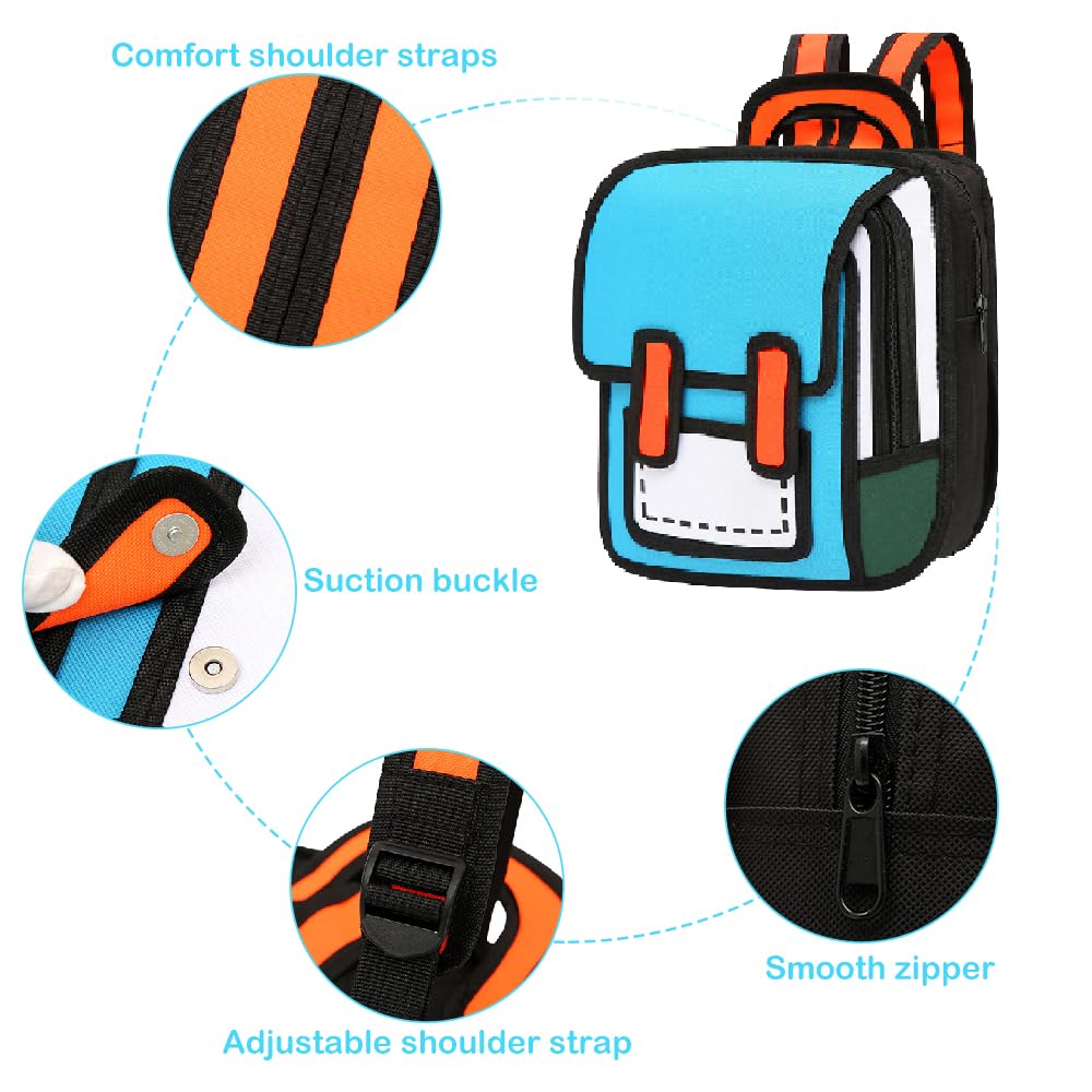 Lifelix Kids Kawaii Backpack for Boys Girls Cute Toddler 2D Cartoon Comic Paper Jump Bookbag Fun Weird School Schoolbag, Blue, Mini, Kawaii 3