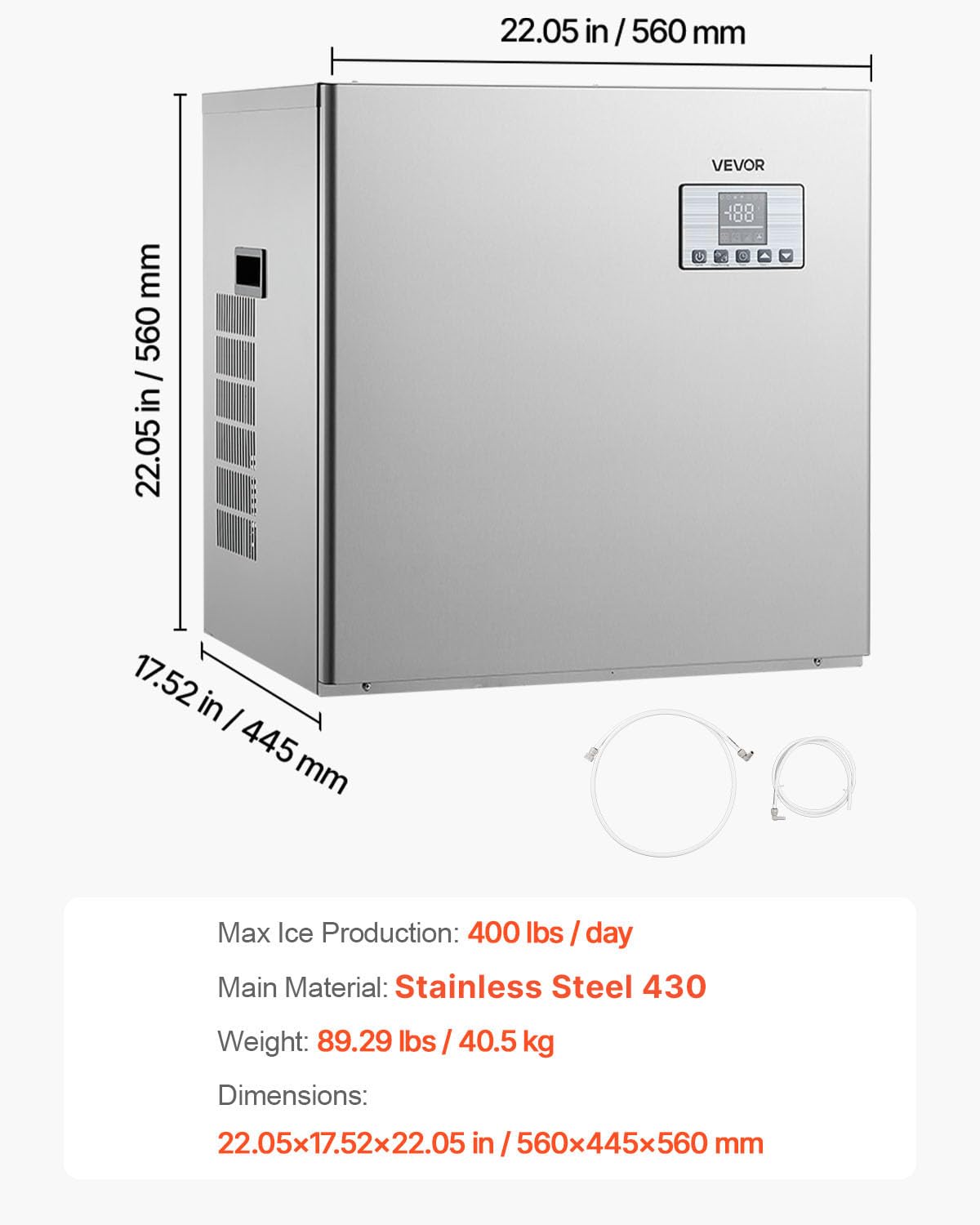 VEVOR Testa per Macchine per Cubetti di Ghiaccio Commerciali, in Acciaio Inox da 181 kg con Pannello di Controllo Intelligente, Autopulente, Spessore Regolabile, per Ristoranti, Bar, Solo Testa