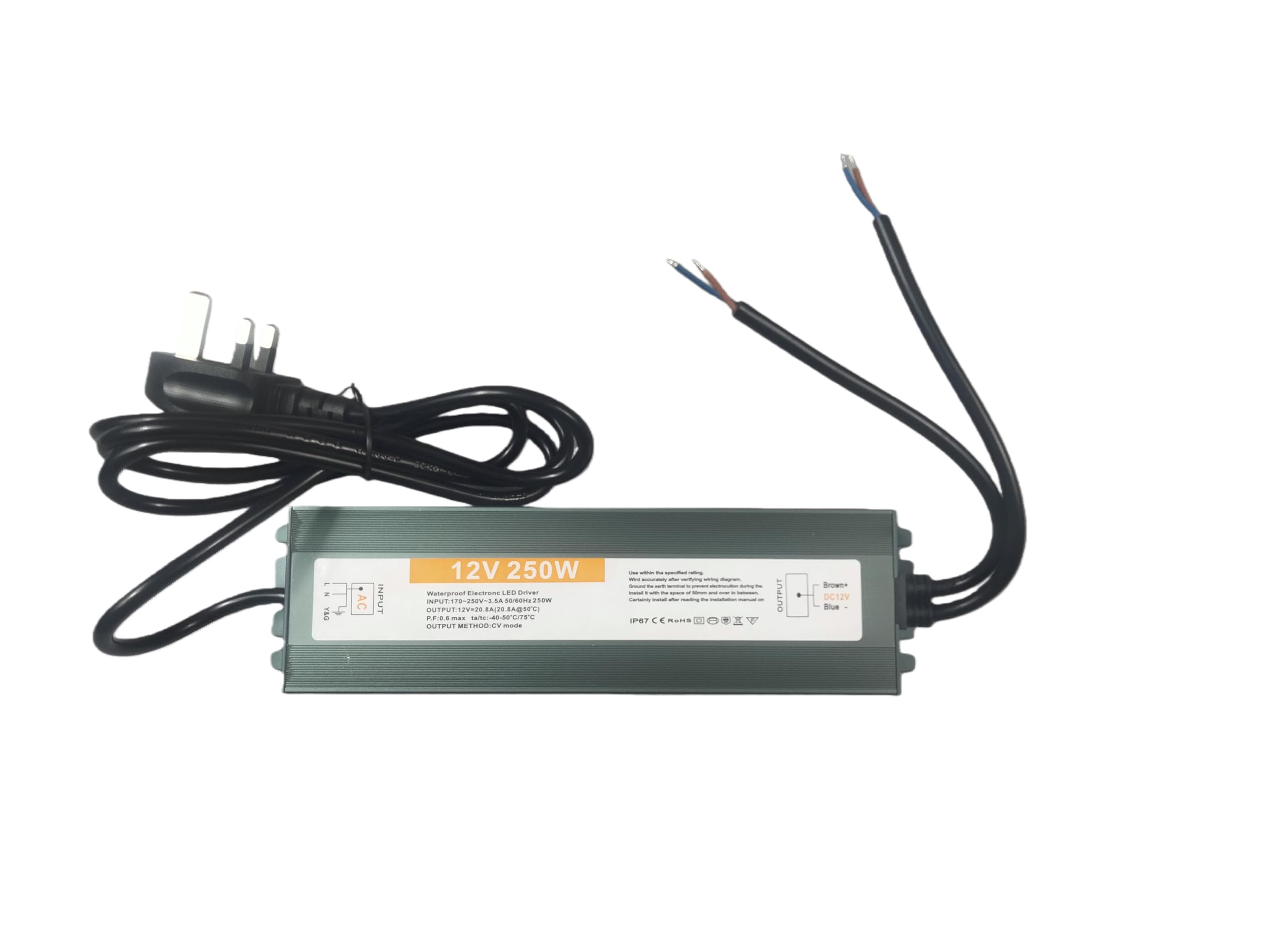 Power Supply12VDC 250W IP67 Waterproof, Universal Input AC170-250VAC, With Standard Plug 130cm Length,12VDC Constant Voltage Output LED Transformer Driver for Outdoor LED Lights