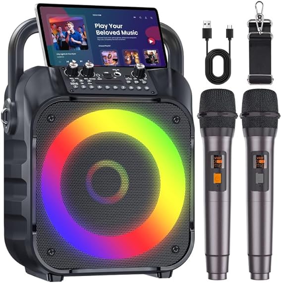 Karaoke Machine with Two Wireless Microphones, Portable Karaoke Machine for Adults & Kids, Portable Bluetooth Speaker with PA System, LED Lights, Supports TF Card/USB, AUX in, FM, USB,TWS (Black)…