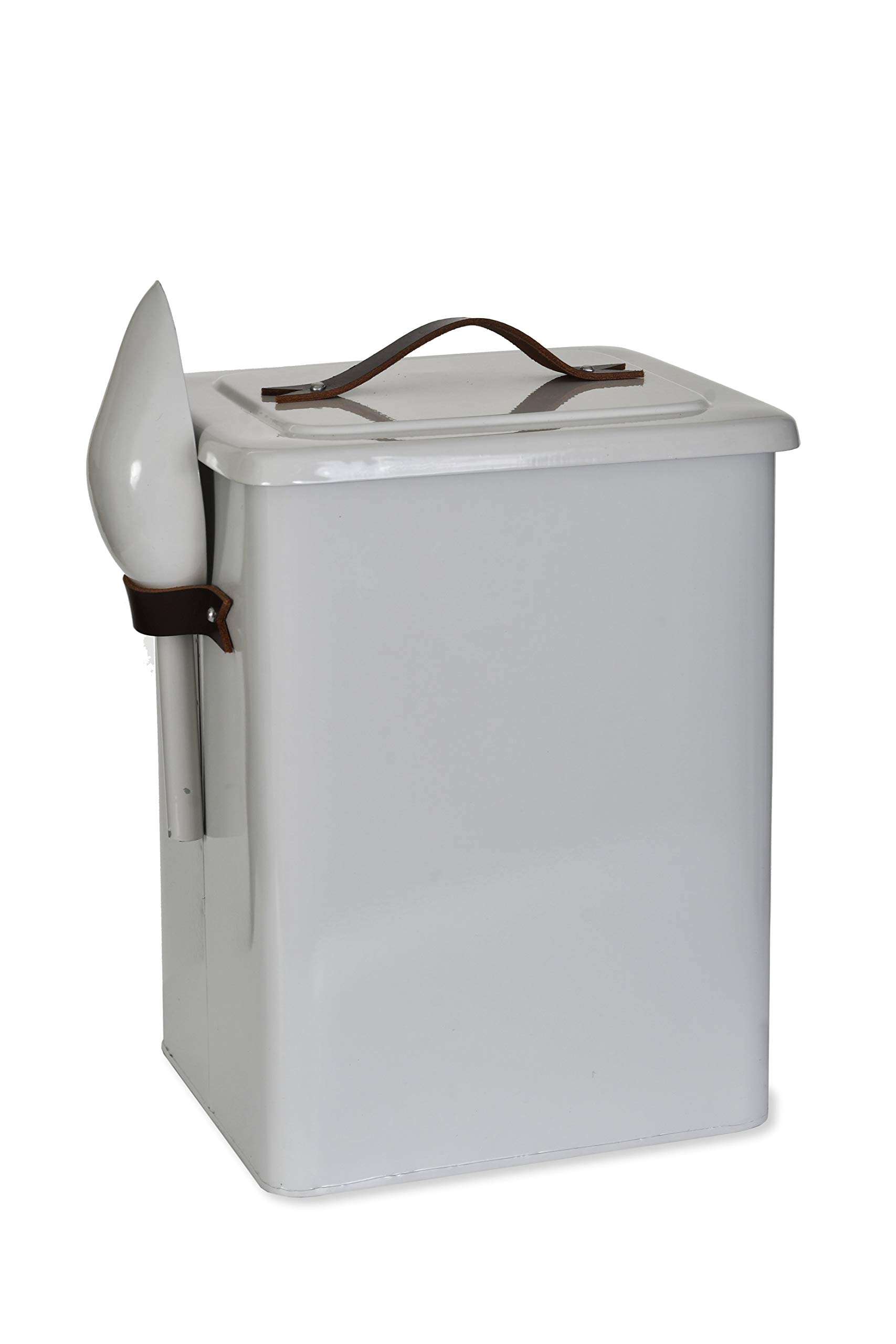 CKB LTD Grande boîte de rangement de nourriture pour animaux de compagnie avec pelle pour contenir des friandises pour chien ou chat en métal avec couvercle hermétique Poignée en cuir 13 kg