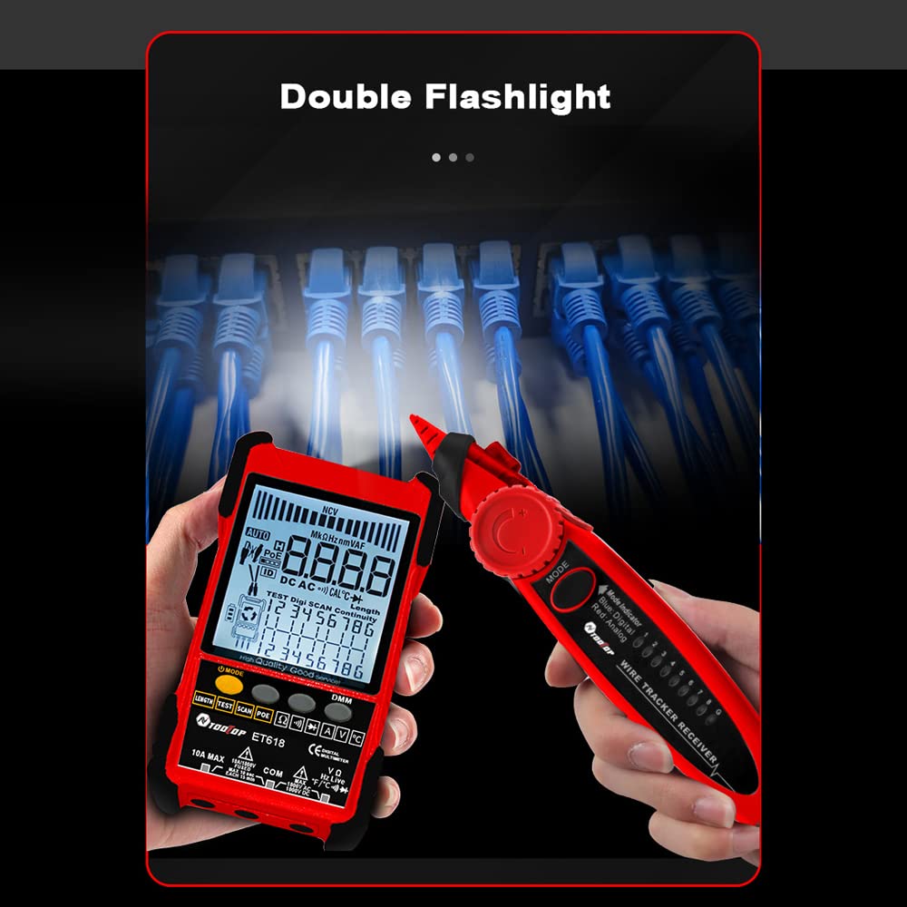 TOOLTOP ET618 Handheld Portable Cable Tester with LCD Display Analogs Digital Search POE Test Cable Pairing Sensitivity Adjustable Network Cable Length Short Open Circuit Measure Trackers