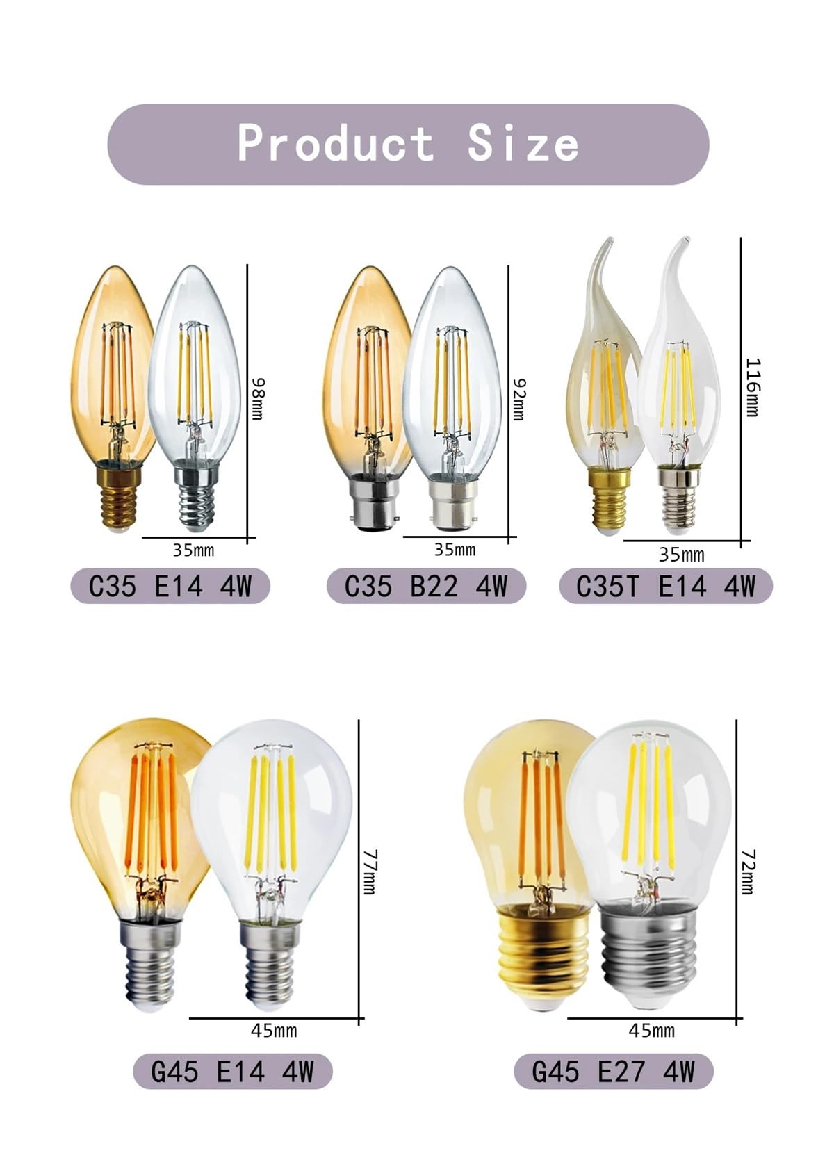 10 Bombillas LED Retro E27 E14 B22 de 220 V, filamento LED for el hogar, G45, A60, ST64, G80, G95, 2700 K, 4000 K.(A60 E27 4000K)