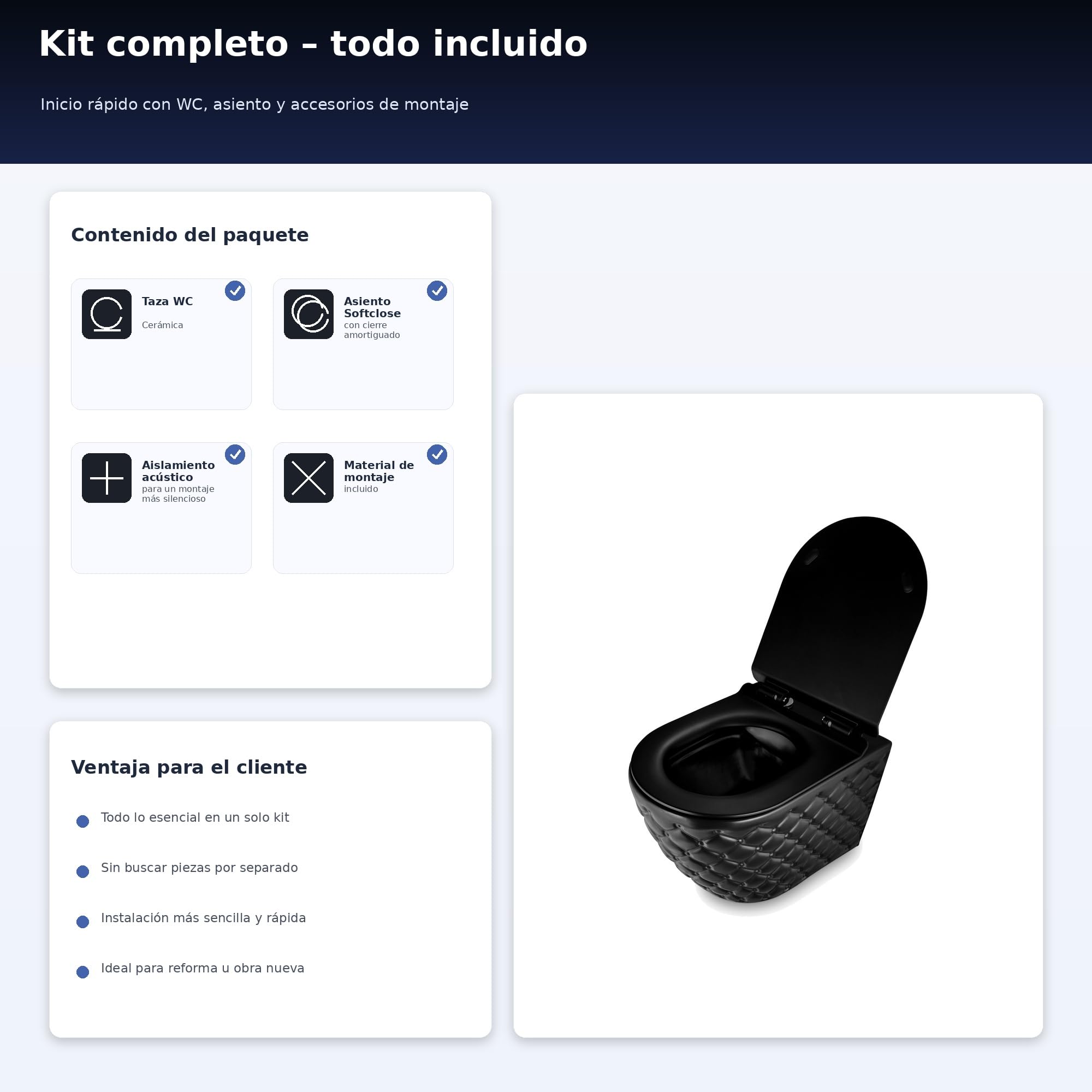Inodoro colgante negro mate, pared inodoro sin bordes, con asiento de cierre suave