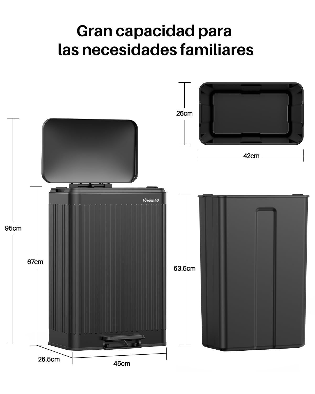 lovewind Basurero 60L Cocina Acero Inoxidable Negro con Pedal, Tapa Cierre Suave, Cubetas Interiores con Asas & Fijador Bolsas, Diseño Romano, Anti-Olor, Fácil Limpieza, Hogar 3-6 Personas