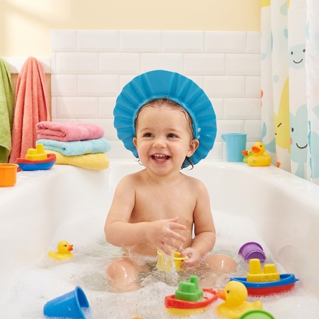Safe Shampoo Shower Bathing Protection Soft Cap Hat for Toddler's, Baby ,Children & Kids to Keep the Water Out of Their Eyes & Face (Blue)