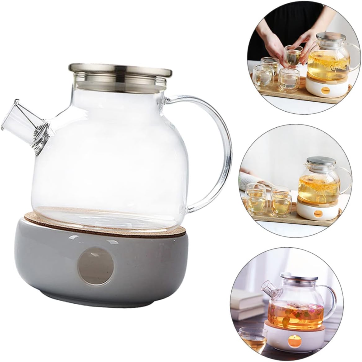 2pcs Elegant Teapot Bamboo Lid Glass Tea Pot Warmer for Tea Scented Drinks