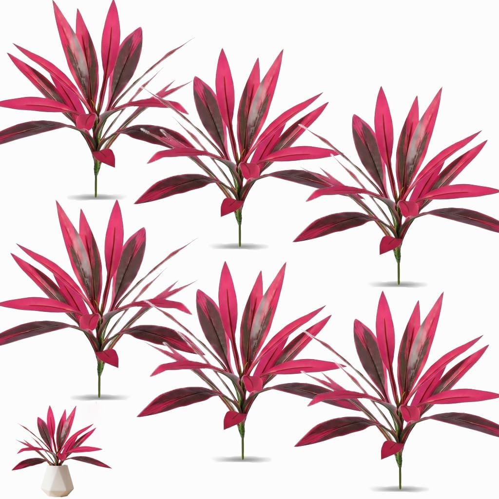 4PCS Large Realistic Artificial Boston Fern & Dragon's Blood Tree Plants, Artificial Ti Plant, Outdoor Fake Shrubs Plants, Artificial Tropical Plant for Balcony, Garden, Patio, Wedding (6pcs)