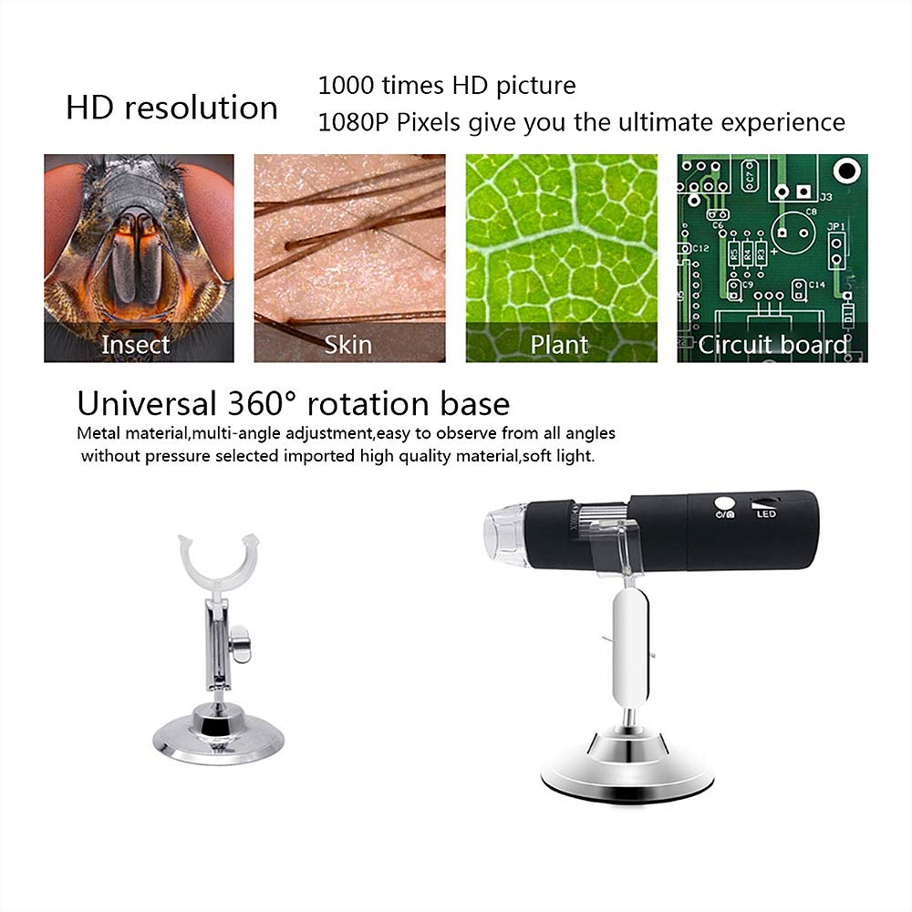 Microscopio Wi-Fi con aumento de 50x a 1000x, resolución de 1920 x 1080P, 8 luces LED, captura JPEG, video MP4, 70 minutos de trabajo, batería de 600 mAh, distancia de transferencia de 5 a 10 m