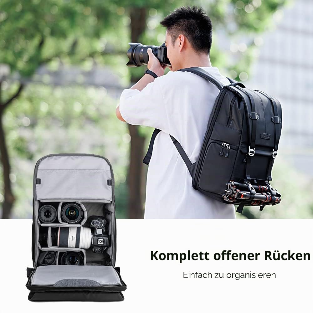 K&F CONCEPT Kamerarucksack 20L, Große Camera Backpack 15,6 Zoll Laptopfach, Spritzwassergeschutzt Fotorucksack mit Regenschutz, Kameratasche Groß für DSLR SLR (Schwarz)