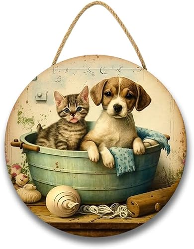Bonita decoración de baño, arte de pared retro para mascotas, perro y gato en bañera de madera, pintura de madera minimalista de mediados de siglo, Bonita decoración de baño, arte de pared retro para mascotas, perro y gato en bañera de madera, pintura de madera minimalista de mediados de siglo,