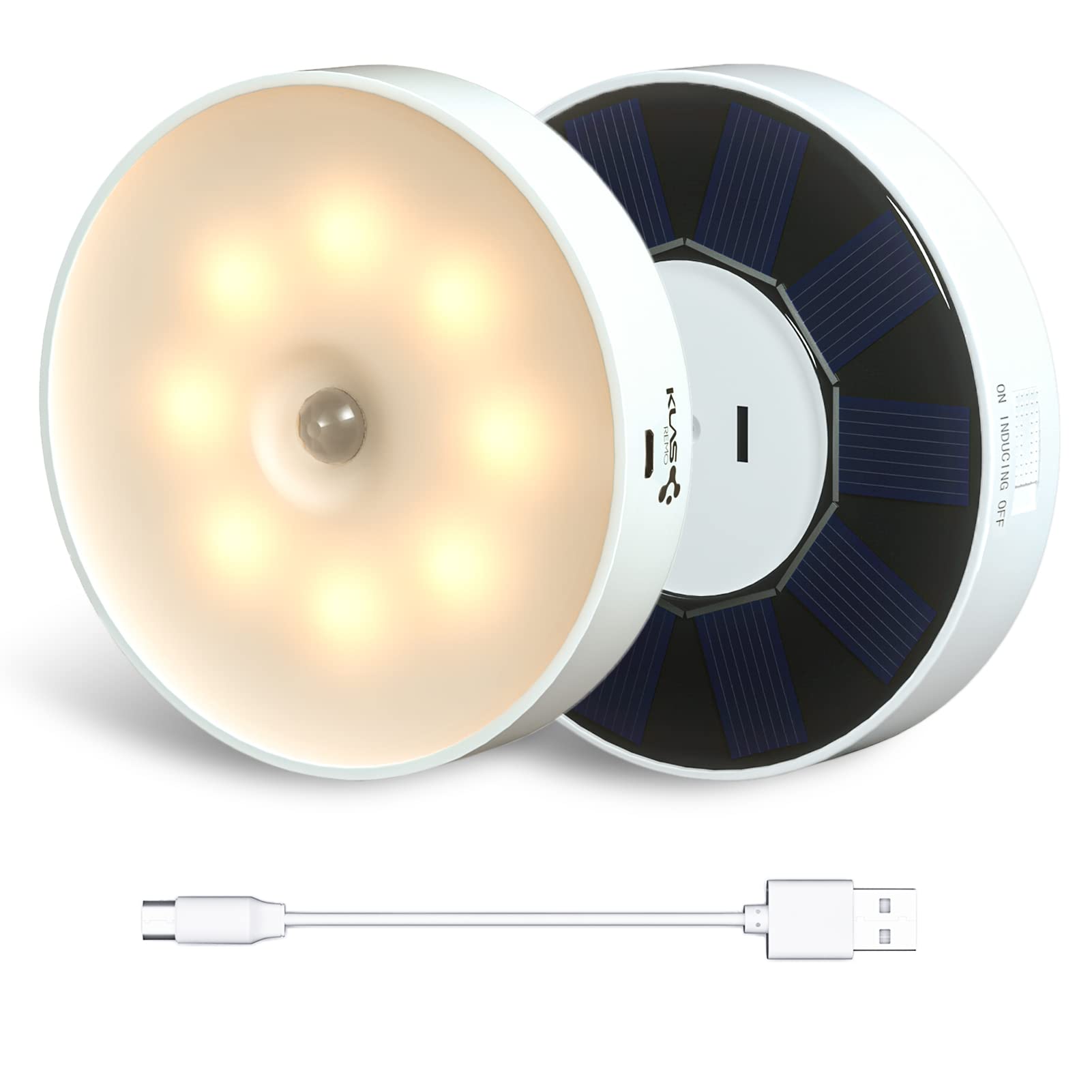 KLAS REMO Night Light with Motion Sensor, Night Lamp with Solar Panel Rechargeable USB Warm White 3 Modes (ON/INDUCING/OFF) Night Lighting for Hallway, Cupboard, Children's Room, Camping