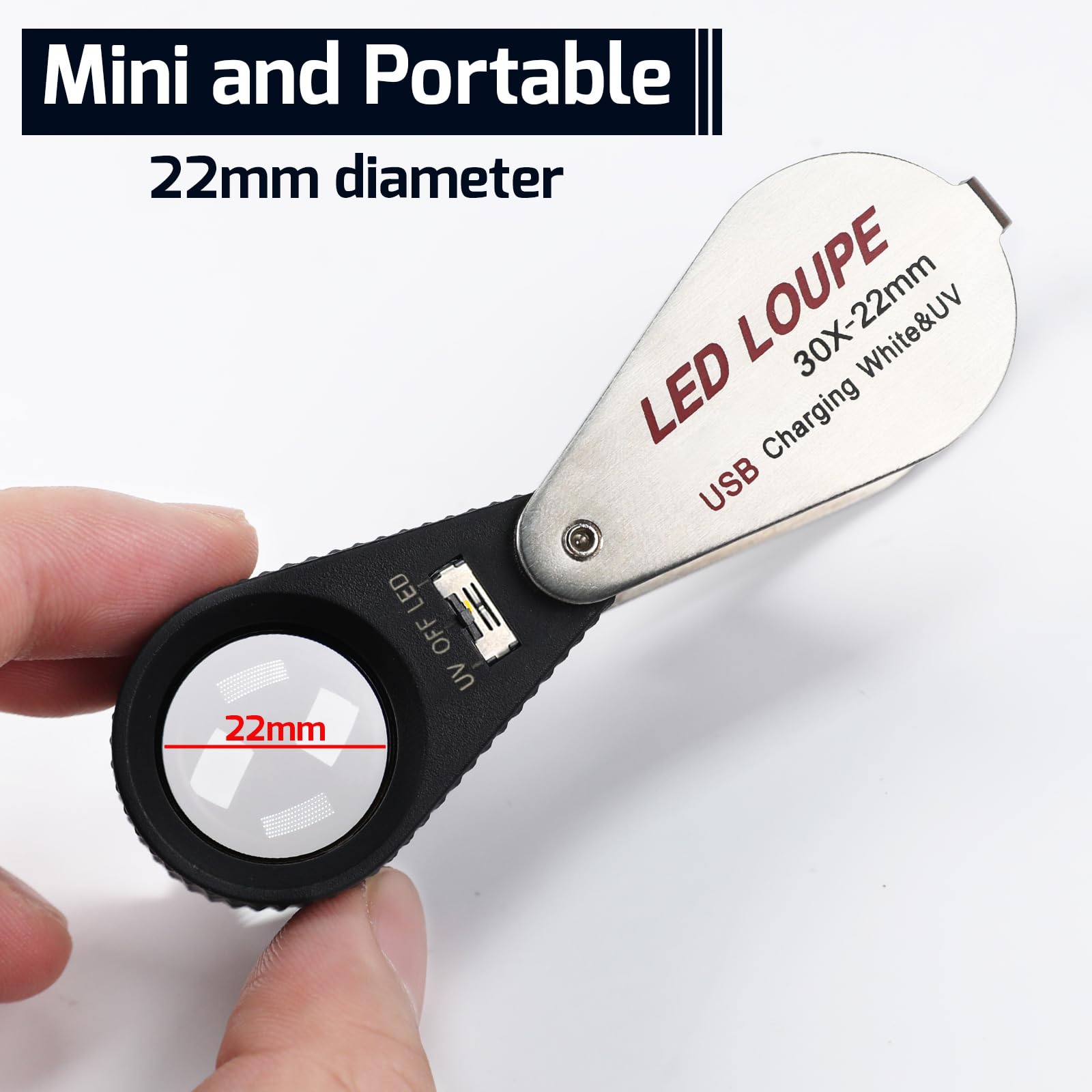 Lente d'Ingrandimento Illuminata da Gioielliere 30x, Lente Pieghevole Ricaricabile con LED e Luce UV per Gemme, Gioielli, Monete, Francobolli, ecc.