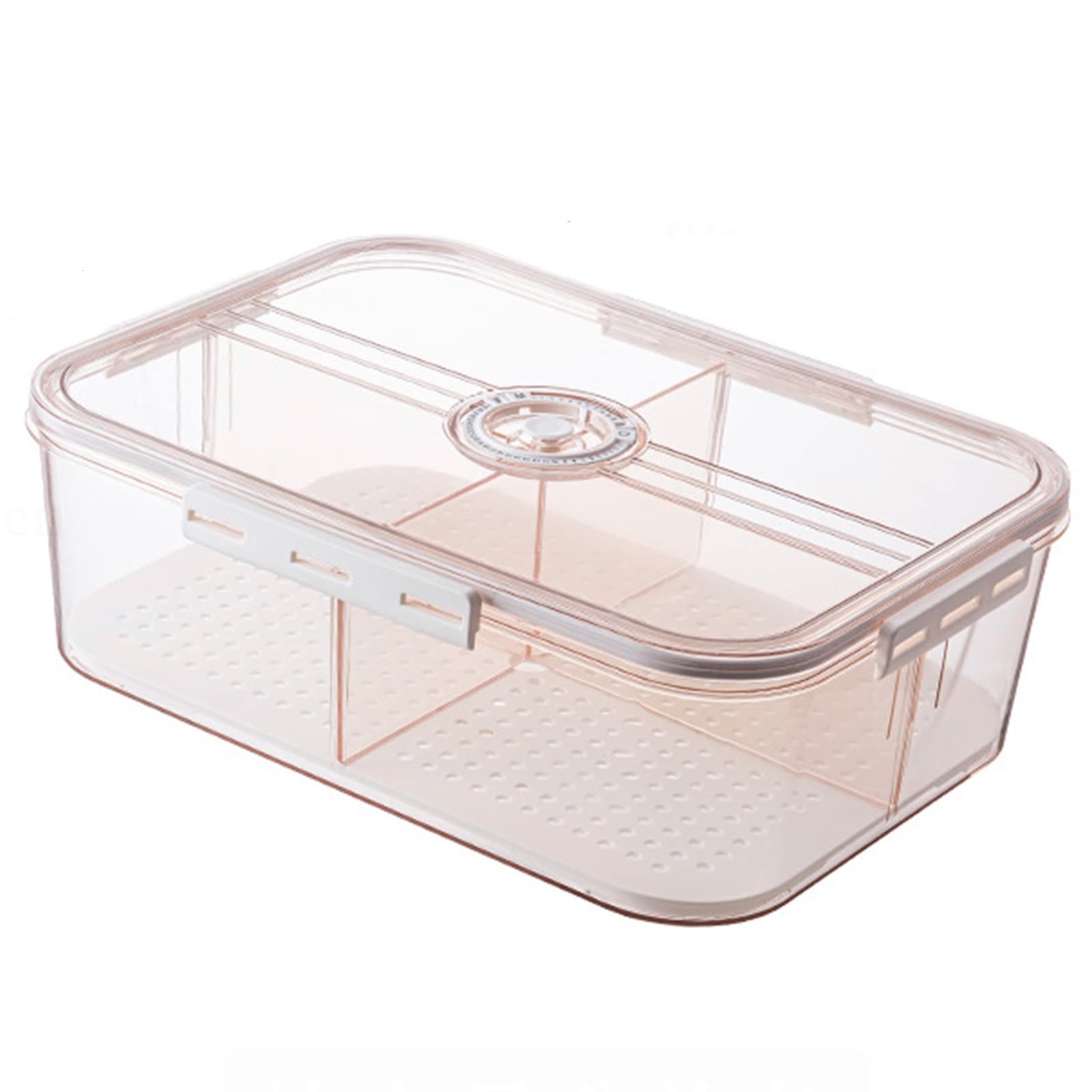 Organizador de refrigerador transparente: con temporizador, almacenamiento de 4 compartimentos, refrigerador de caja sellada con tapa, recipiente para frutas y verduras a prueba de fugas para refrig