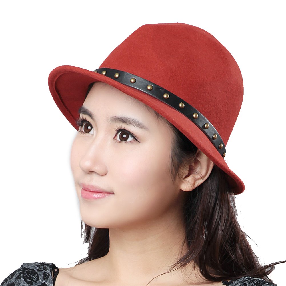 KM hatFashion Women's Fedora Hats Rivet Wool Cap