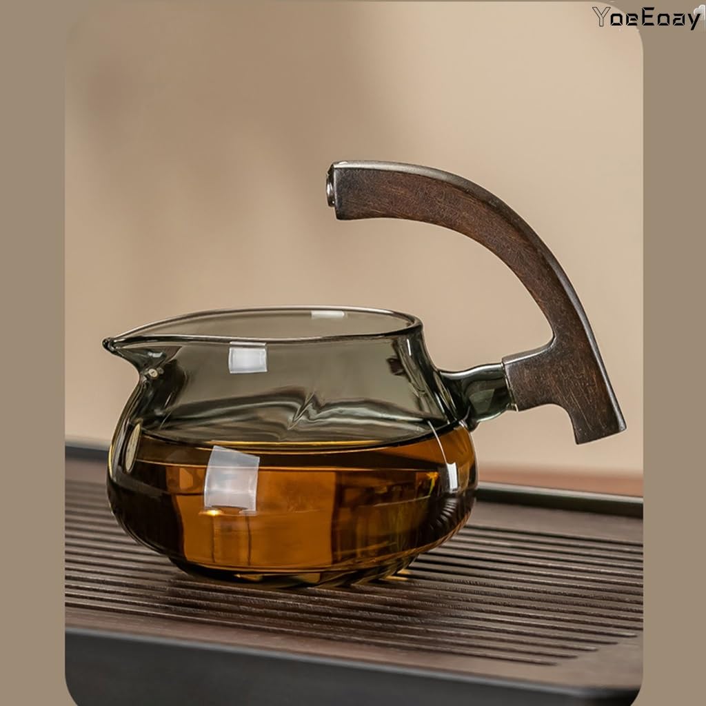 Hochwertig Lazy Tea Set Vintage Teekanne Holzsockel Hitzebeständiges Glas - Teeset, Magnetische Wasserumleitung, Halbautomatisches Teeset Ideal Für Grüntee, Kräutertee Und Tee (Durchscheinend)