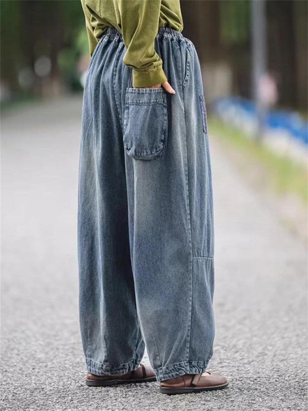 Women Summer Chic Plaid Patchwork Pants Loose Retro Denim Casual Elastic Waist Trousers