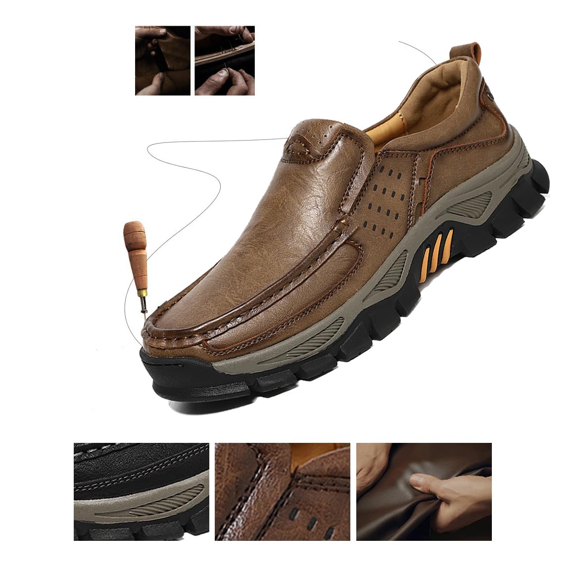 Mocasines ortopédicos de piel auténtica hechos a mano para hombre | Mocasines de cuero para hombre, con costuras a mano, zapatos planos casuales para vestir y oficina