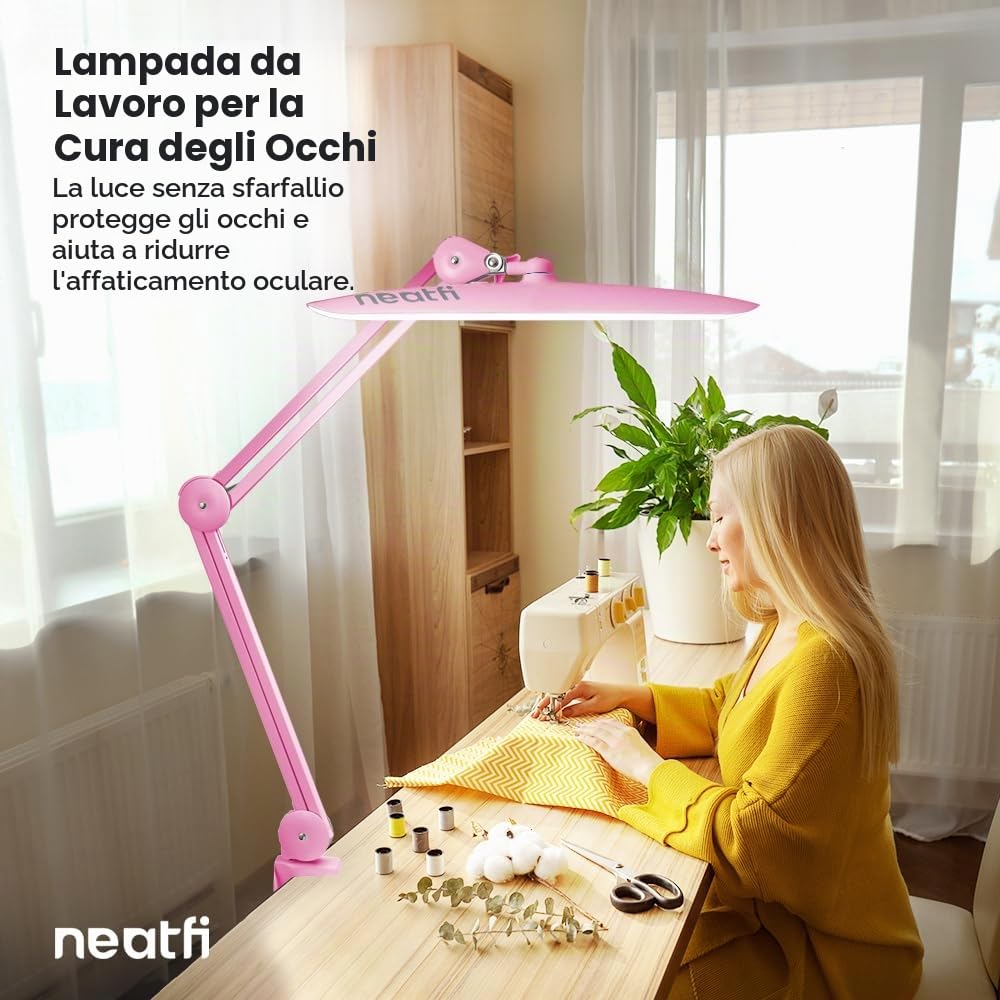 Neatfi XL Lampada da Scrivania LED 2200 Lumen 24W con Morsetto – Illuminazione Senza Ombre | 4 Livelli di Intensità | Ufficio Domestico e Hobby | Testa Larga 50 cm (Rosa, Non-CCT con morsetto)