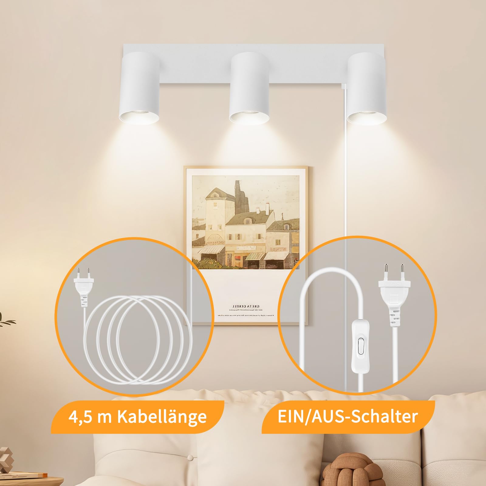 Wandlampe mit Schalter und Stecker 3 Flammig Weiß GU10 - Wandleuchte mit Stecker und Kabel Drehbar 350° Moderne für Schlafzimmer Wohnzimmer Korridor Wandmalerei - Ohne Leuchtmittel