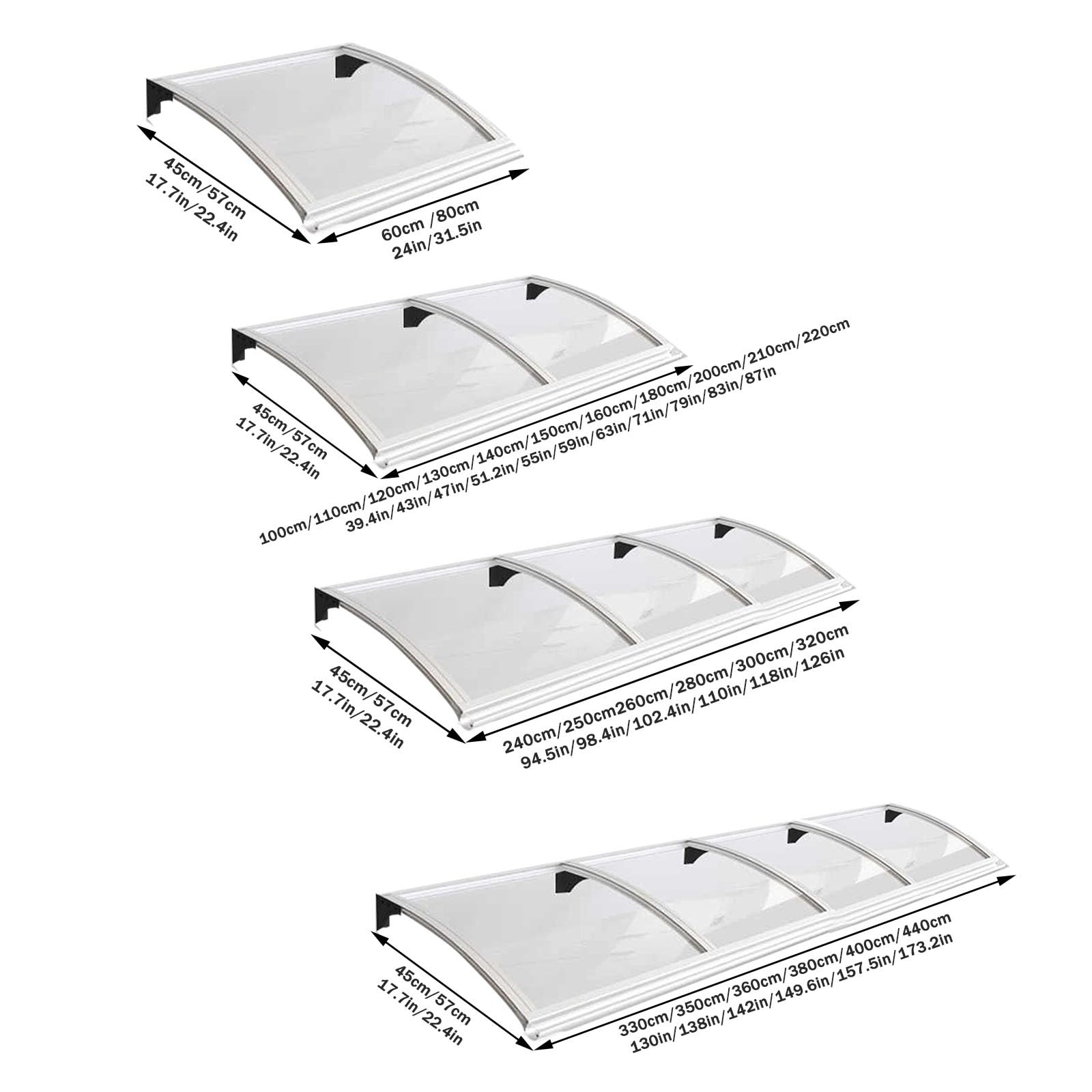 Moderna tettoia per porta d'ingresso, staffa in lega di alluminio, impermeabile, per porte, protezione UV, drenaggio, lavandino, resistente alle intemperie (45 x 200 cm)