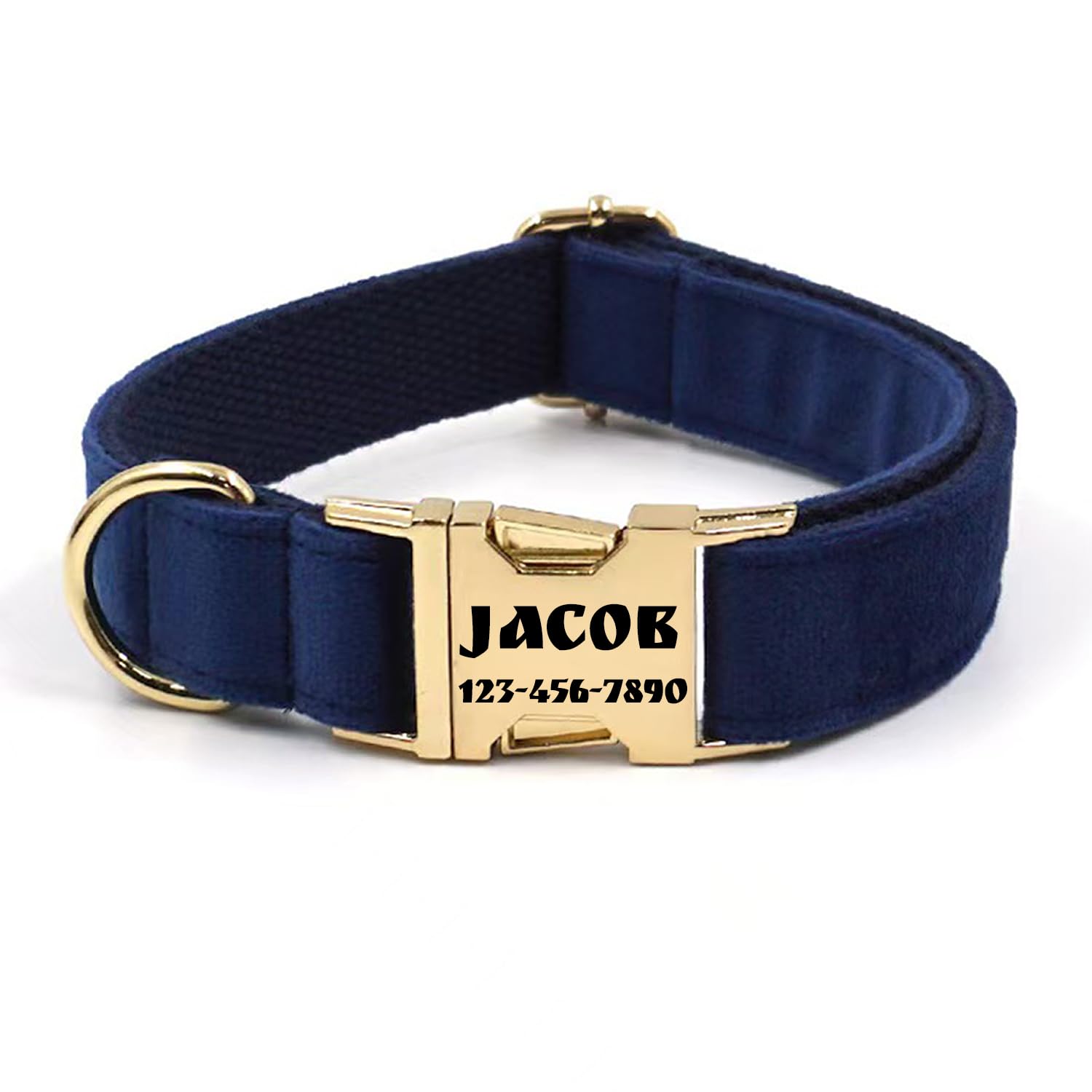 Personalized Soft Dog Collar, Laser Engraved Metal Buckle Dog Tag, Adjustable Through D-Ring, and Colors(Dark Blue, M)