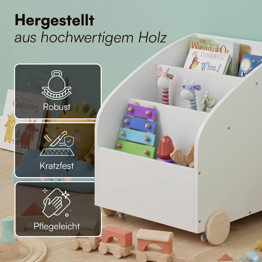 Bellabino Towy Kinderregal – Kinder Bücherregal mit 3 Fächern – Montessori Regal Weiß - Aufbewahrungsregal Kinderzimmer mit Rollen – Spielzeugregal mit Geheimfach – Kinderbücherregal 43x40x43 cm