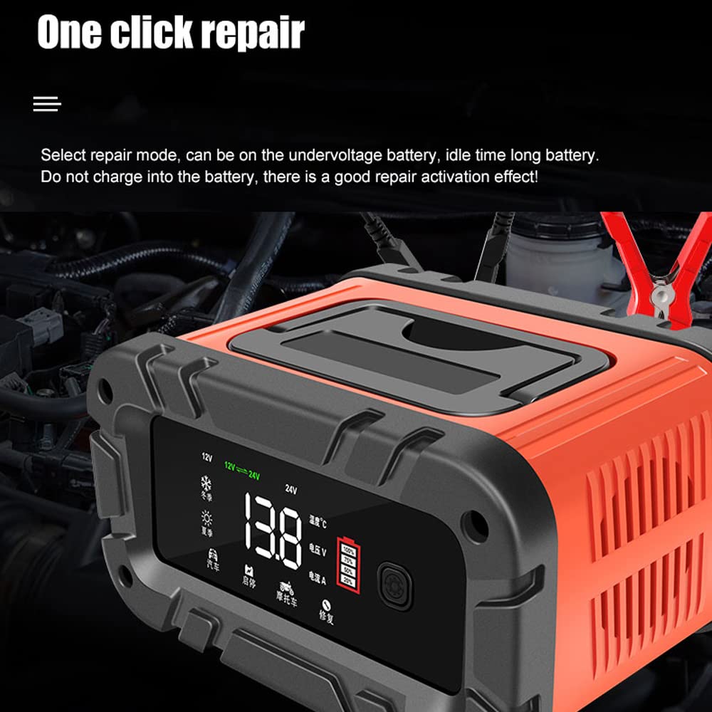 Jemora Caricabatterie per Auto 12V / 24V Dispositivo di Carica per la Riparazione di impulsi Intelligenti Manutentore di Mantenimento della Batteria automobilistica con Display Digitale LCD per