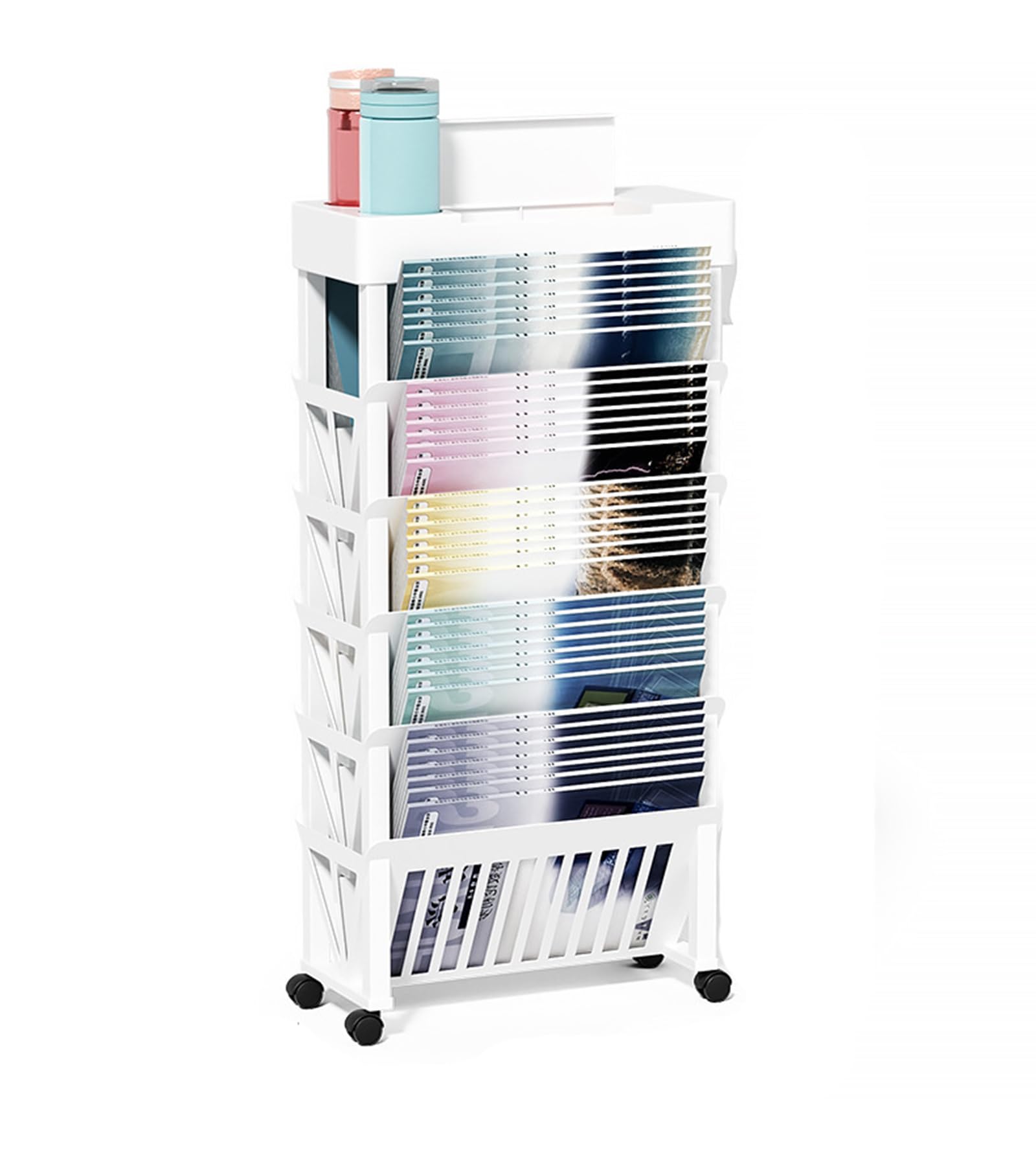 TUOYIBO Mobile Bookshelf on Wheels Rolling File cart 5 Tier Utility Storage cart for Office, Classroom, Nursery,Library, Living Room,White