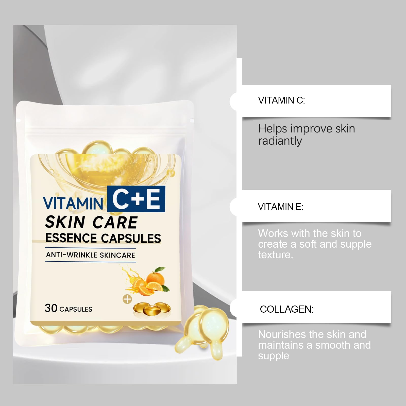 Serum z witaminą C do twarzy, 30 kapsułek, serum przeciwstarzeniowe z kolagenem, witaminą E, nawilżające, ujędrniające, wygładzające, do pielęgnacji skóry dla kobiet (8 szt.)