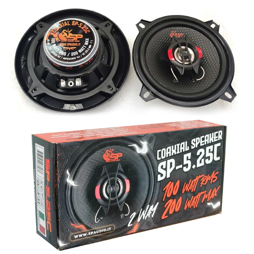 SP Audio 2 SP-5.25C Altavoces coaxiales de 2 vías de 13 cm 130 mm 5,25", 100 W RMS y 200 W máx., impedancia de 4 ohmios, sensibilidad de 85 dB, para Puertas de Coche, Coches, par