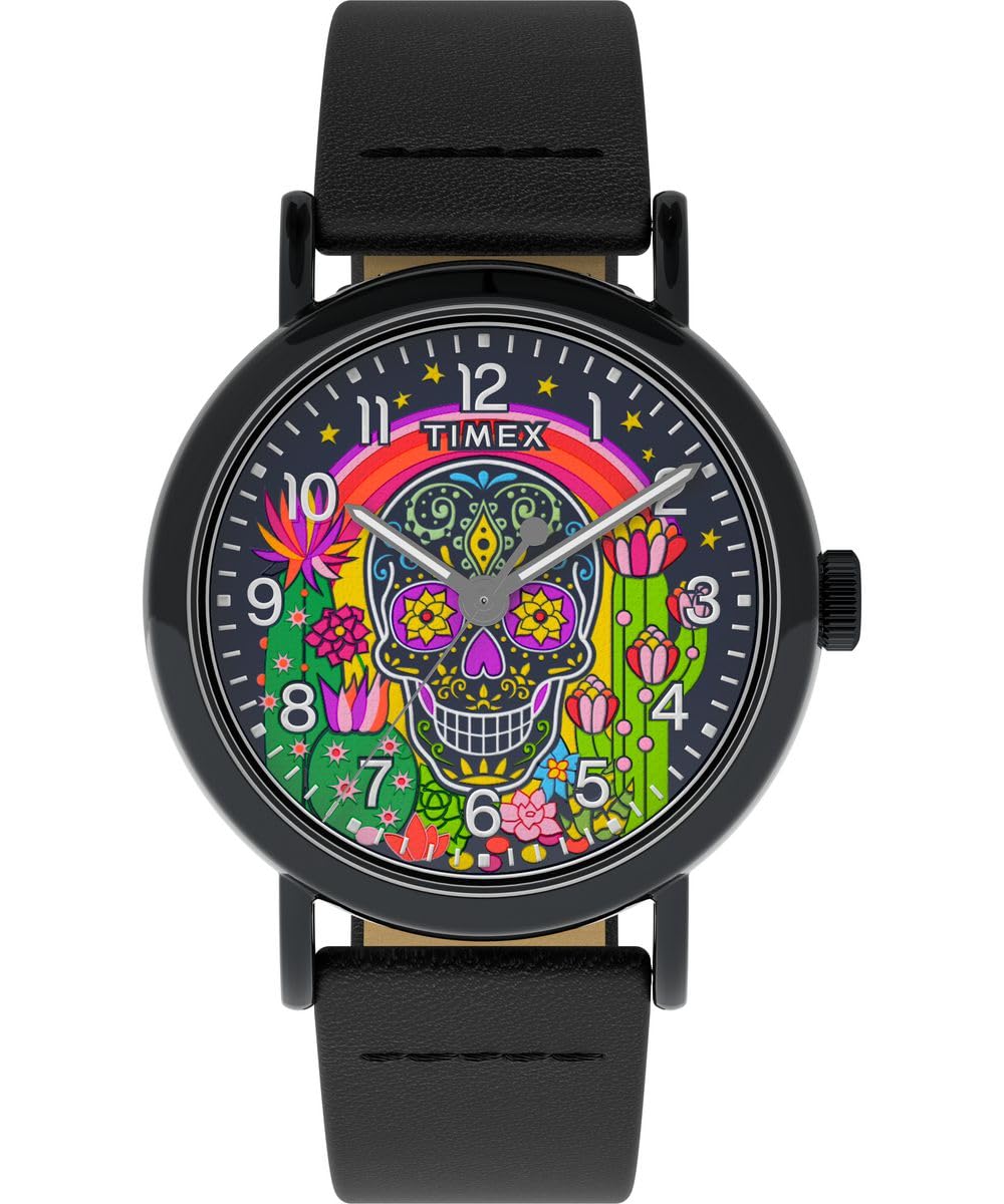 Timex Weekender Day Of The Dead Tw2Y15900 Zegarek Męski, 40 mm, Czarny Skórzany Pasek i Czarna Tarcza